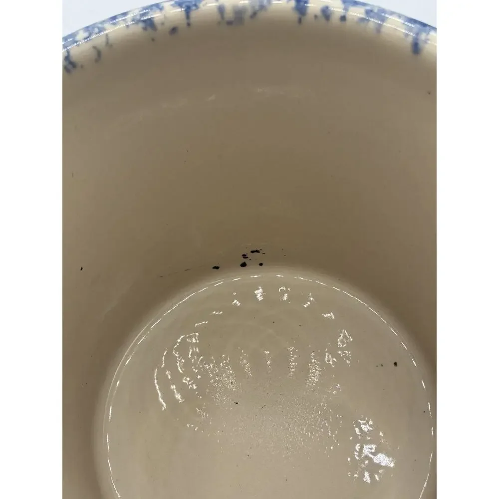 Vintage Blue White Spongeware Crock – Primitive Stoneware Utensil Holder 6 Inch